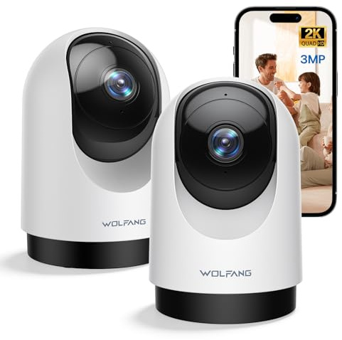 WOLFANG 2K-säkerhetskamera inomhus, WiFi-kamera 3 MP, hundkamera för husdjur, babymonitor med rörelseljudsdetektion, 360° rotation, mörkerseende, 2-vägs ljud, moln/SD, fungerar med Alexa, 2,4 GHz