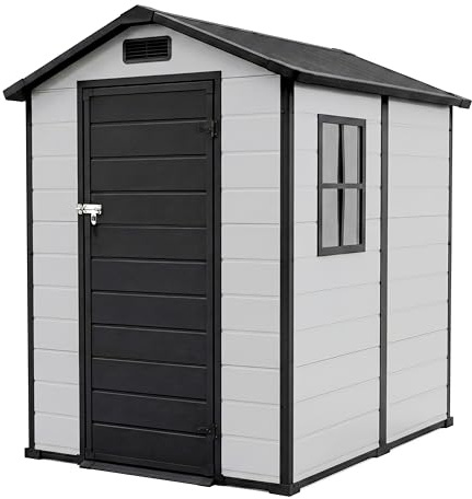 4x6 FT Outdoor Storage Shed with Floor, Plastic Resin Garden Shed with Window & Sloping Roof & Lockable Door for Patio Backyard Garden, Lawn Mower, Bike, Tool Storage