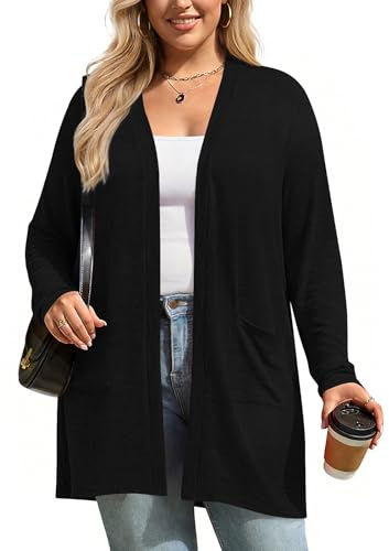 Enjoysoul Womens Plus Size Cardigan Casual Long Sweaters Lightweight Knit Outerwear Open Front Clothings with Pockets, 4X-Large, Black