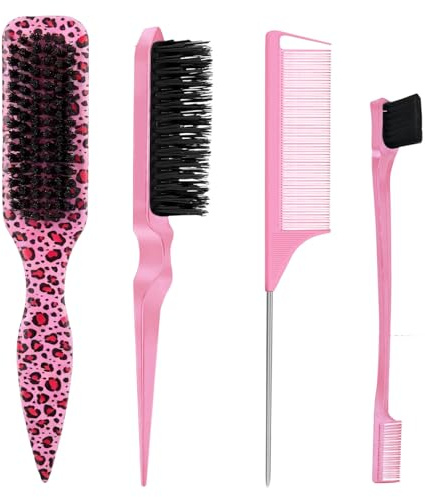 4 Pcs Slick Back Hair Brush, Slick Back Brush Set, Smoothing & Teasing Brushs, Rat Tail Comb for Smooth Flyaways Frizz Sleek Ponytail Hairdresser Women Men All Hair Types