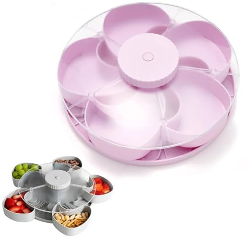 Divided Spin and Snack Serving Tray, Portable Rounded Veggie Tray with Rotating Cover, Multi-Compartment Food Organizer Design, Multi-Purpose Food Platter for Veggie Fruit (Pink)