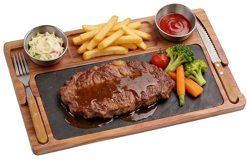 Akazienholz Serviertablett mit Schieferplatte – Steakbrett inkl. 2 Edelstahl Soßenbecher & Holzgriff-Besteck, Servierplatte für Steak, Sushi, Käse, Burger– Rustikales Ess-Set für Zuhause & Garten