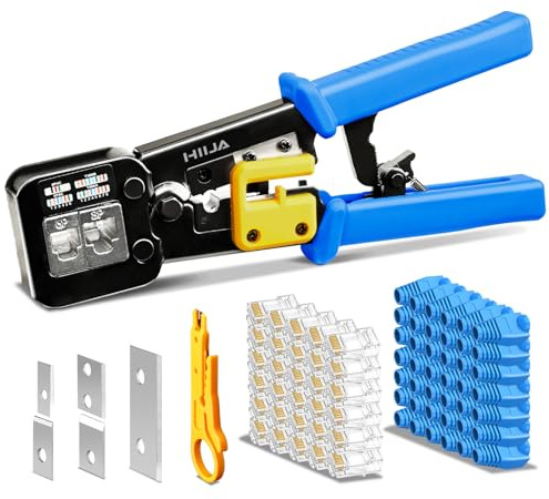 Hiija RJ45 Crimping Tool Pass Through Cat5 Cat5e Cat6 Crimping Tool for RJ45/RJ12 Regular and End Pass-Through Plugs with 50 Pieces CAT5 CAT5e Connectors, 50 Pieces Covers and Mini Wire Stripper