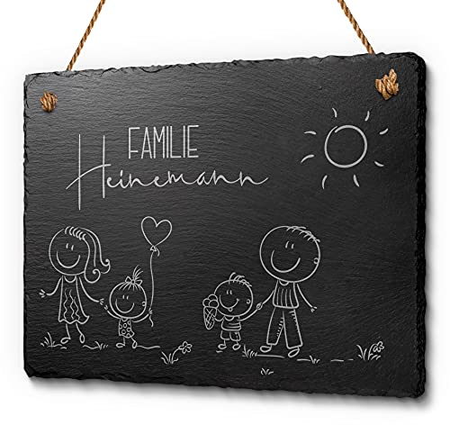 Familienschild aus Schiefer mit Gravur - Haustürschild mit Figuren Mama Papa Kinder | Persönliches Geschenk oder individuelle Dekoidee | Tolles Türschild für Familien (20x15 cm)