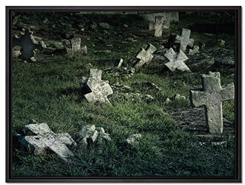 Pixxprint Friedhof schwarz weiß Leinwandbild 80x60 cm im Bilderahmen, Wandbild, Schattenfugenrahmen, Kein Poster