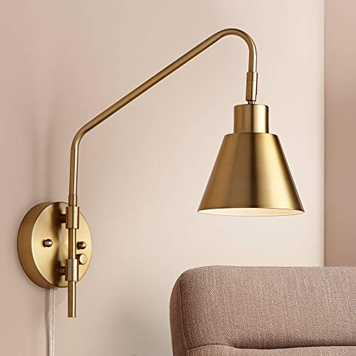 360 Lighting Marybel Adjustable Swing Arm Wall Lamp Dimmable Antique Brass Plug-in Light Fixture Downlight Shade for Bedroom Bedside House Reading Living Room Home Hallway Dining Kitchen