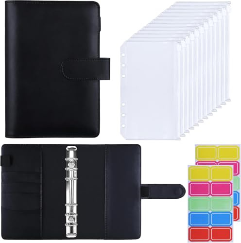 HAUTOCO Budget Planner Deutsch, A6 Budget Binder, Budgetplaner, Ringbuch A6 mit 12 Binder Taschen, Finanzplaner mit Etiketten, Sparbuch für Geld Organizer, für Reisen Tagebuch, Schwarz