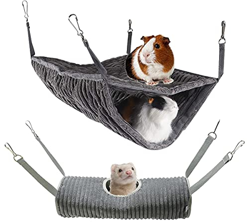 Kleintier-Hängematte, Frettchen-Hängematte, Hängematte und Tunnel, Hamster, Eichhörnchen, Zuckerschleuder, Meerschweinchen, Frettchen Zubehör, Hängeversteck Tunnel, Röhrenspielzeug für Käfig (grau)