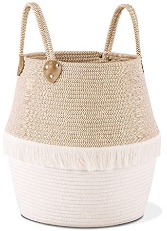 YOUDENOVA Wäschekorb Boho Deko Pflanzkorb Aufbewahrungskorb Geflochten Wäschesammler Korb Aufbewahrung Kinderzimmer Braunes Weiß