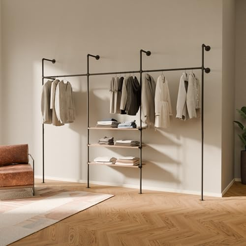 pamo Offener Kleiderschrank Wandmontage – 340 kg Traglast | 296 x 222 cm | Industrial, Begehbarer Kleiderschrank System mit Eichenholz-Regal, Wandsystem aus Wasserrohren Metall schwarz
