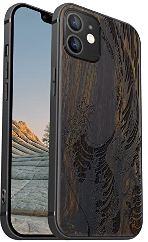 Carveit Coque magnétique pour iPhone 12 [Élégant Bois Noir] [Pare-Chocs en TPU Souple] Coque de téléphone Antichoc Compatible avec 12 Magsafe Coque Bois (Grande Vague Kanagawa)