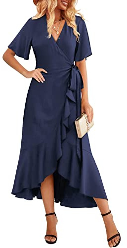 Beluring Robe portefeuille élégante pour femme, col en V, manches longues/manches courtes, Style B : bleu marine, M