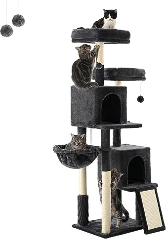 FourFurPets Innenbereich Katzenkratzbaum 156cm, Kratzbaum, mit Sisal-Treppe, 2 Plattformen, 2 Höhlen, Hängematte, Höhlen, Plüschbälle, Rauchgrau