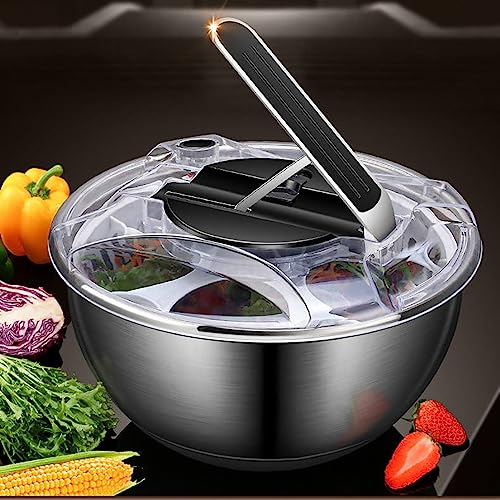 Escurridor de ensalada de acero inoxidable con cesta colador, asa y tapa con cierre inteligente, diseño de secado rápido, sistema de drenaje fácil, base antideslizante, escurridor de lechuga de 3,5