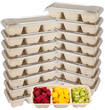 JAYEEY 16oz disposable 3 compartments Sugarcane Fibers bowls with lid take away food containers Meal Prep Bowls 25 Pack