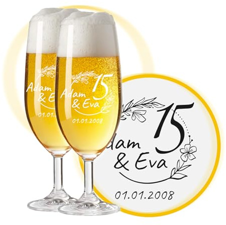 LALALO Biergläser mit Gravur zum 15. Hochzeitstag, Kristallhochzeit Geschenk, Leonardo Pils Biertulpe personalisiert, Jahrestag Kristall-Hochzeit (Liebeslicht)