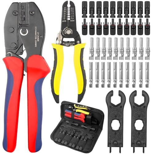 FIVAVA Set di pinze crimpatrici solari, 1 pinza crimpatrice, 1 pinza spellafili, 10 paia di connettori per cavi, 10 paia maschio/femmina, 2 chiavi inglesi, per cavo solare da 2,5 a 6 mm².