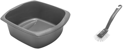 Addis Rectangular Washing up Bowl, Metallic, Large, 9.5 Litre & Jumbo Washing Up Dish Brush, Metallic Silver