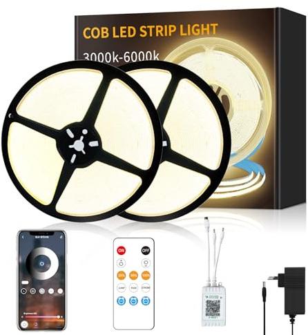 Yeewhale COB Led Strip 30m,24V 3000k Warmweiß LED band mit Fernbedienung | APP Steuerung,flexible Dimmbar COB LED Streifen, anwendbar auf Schlafzimmer, Raum,Schrank,DIY Dekoration(2 Rollen von 50ft)