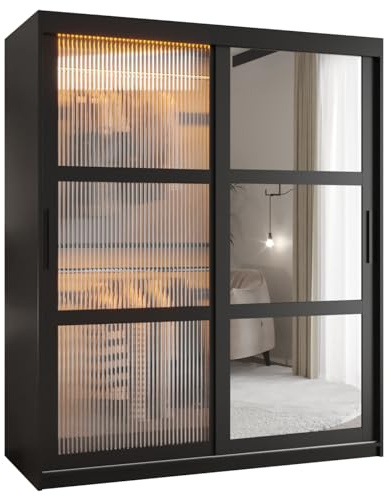 ABIKSMEBLE Flutes 2 Armoire à Deux Portes Coulissantes avec Miroir, Barres et Étagères - Armoire de Rangement pour Salon - Façades en Verre Flûté - 200x150x62 cm - Noir, Noir, Noir