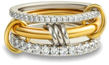 Bopiu Gold Stackable Rings for Women Non Tarnish, 18k Gold Plated Cubic Zirconia Rings, Silver Gold Multi Ring Mixed Metals Stack Rings Set (2 stones rings, 7)