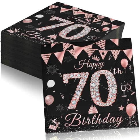 Serviettes 70. geburtstag frau, 40 Stück Papierserviette Mädchen Happy Birthday Decorations, Schwarz Rosé Gold Tischdekoration für Party, Papierservietten zum 60. Geburtstag