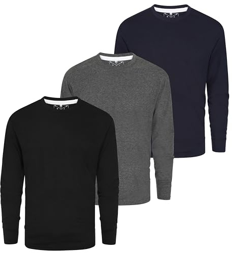Mens Long Sleeve Crew Neck T-Shirt 3 Pack Multipack LS Tshirts for Men Workwear Casual Wear (UK, Alpha, M, Regular, Regular, Black/Charcoal/Navy)