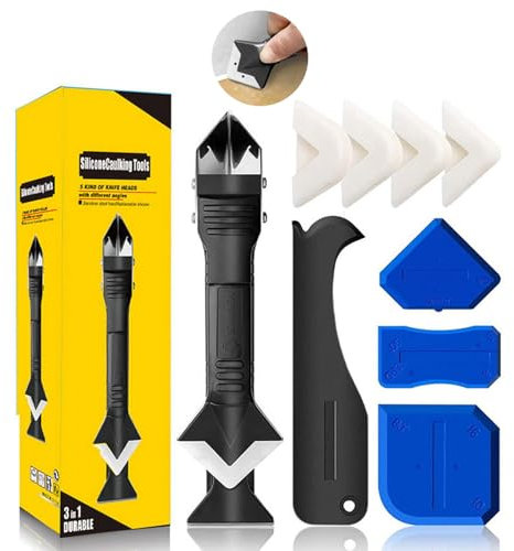 Lookka 3 in 1 Caulking Tool Set - Silicone Remover with Stainless Head & 5 Silicone Pads, For Kitchen Bathroom Floor Corner (10pcs)