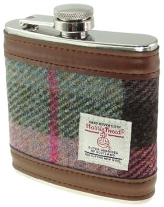 Green & Rose Pink Tartan Check Harris Tweed 6oz Stainless Steel Pocket Hip Flask
