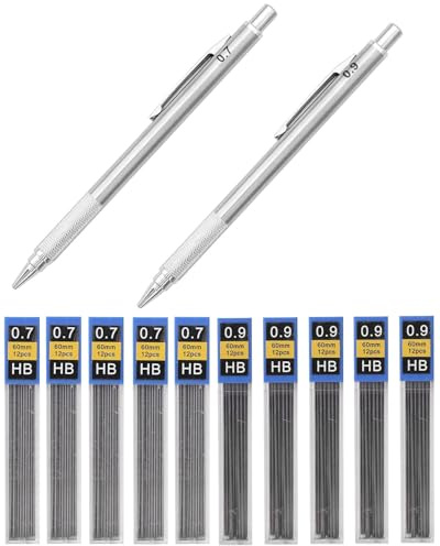 KGDUYC Metall Mechanical Pencil - 2 pcs Druckbleistift - 0,7/09 mm, 10Tuben 120 Stück Bleistiftmine HB Mienenbleistift, Metall Mechanical Pencil für Skizzieren Zeichnen Schreiben