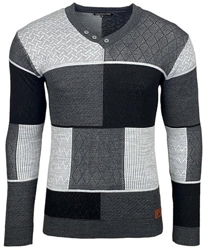 Subliminal Mode Pull Homme en Maille à Col V Boutonné - Style Basique - Coupe Ajustée - Pull Over Tricoté Hiver Manches Longues BX52301 - Gris et Blanc L
