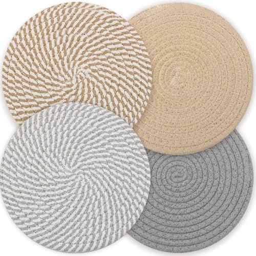 20CM Placemats Set of 4, Round Cotton Braided Woven Placemats, Heat Resistant Grey placemats, Washbale placemat and Coasters for Kitchen Dining Table Home Restaurant