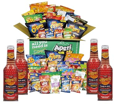 Aperisnack®- AP18.001.41 - APERIBOX da 60 PEZZI con 4 DRINK SPRITZ da 27.5cl - Scatola regalo con Snack salati, patatine e frutta secca, per aperitivo fai da te o gadget compleanno adulti