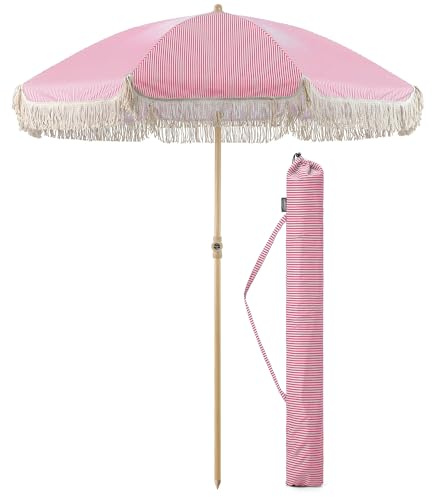 CHRISTOW Portable Tassel Parasol with Bag, 2m | Retro-Style Tassel Canopy, Tilt Function, UPF50+ Protection, 32mm Spiked Pole, Wood-Effect Finish, Ideal for Garden & Beach