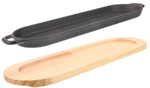 HAKIDZEL Piatto Per Bistecca Ghisa Con Maniglie Doppie e Base Legno Elegante Piastra Per Servire Bistecche Per Famiglie e Ristoranti Facile Da Pulire Ottima Conduttività Termica