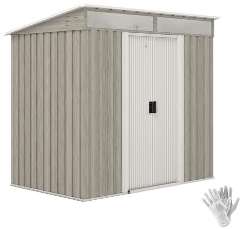 Outsunny 6.5 x 4FT Galvanised Metal Garden Shed with Double Sliding Doors and 2 Vents, Lockable Tool Storage House with Foundation Kit, Light Grey Wood Effect