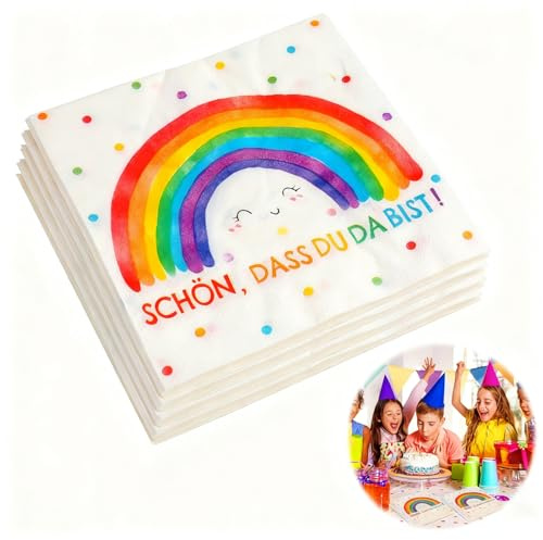 Jecdfs 40 Stück Servietten Regenbogen, Servietten Einschulung, regenbogen servietten, für Kindergeburtstag, Einschulung und party, 33 x 33 cm - Bunte Tischdeko für Taufe, Konfirmation und Kommunion