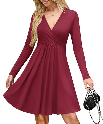 AUSELILY Wrap Dress for Women UK V Neck Flowy Long Sleeve Elegant Casual Dresses Autumn Winter with Pockets Wine Red M