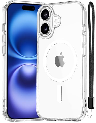 NEW'C Magnetisch Hülle für iPhone 16 Plus (6,7 Zoll) kompatibel mit MagSafe Ultimate, stoßfest-starker Magnetismus und militärischer Schutz-schlanke Hülle mit Umhängeband-Transparent