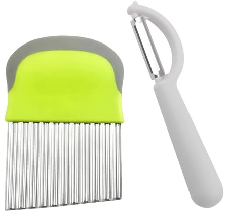 2 Stück Wellenschneider, Wellenschneider aus Edelstahl, Gemüseschneider, Wellenschnittmesser für Pommes Frites, mit Einer Sparschäler, für Gemüse,Pommes, Butter und Obst, Grün