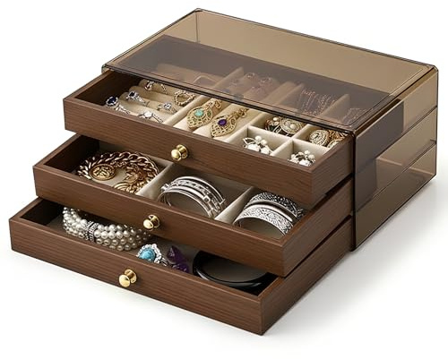 Alyxen Boîte à Bijoux, Boîte à Bijoux en Bois, Coffret Organisateur à Tiroirs, Organisateur 3 Niveaux pour Femme, Rangement pour Boucles d'Oreilles, Colliers, Bagues et Bracelets