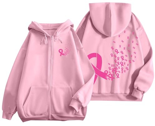 Jabidoos Sweat Octobre Rose a Capuche Femme - Pull Octobre Rose Femme Veste Mi Saison Gilet Automne Sweat Zippé Oversize Sweatshirts Hiver Chaude