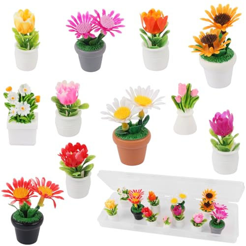 11pcs Mini Flowers Vase Bouquet Potted Plants Tiny Fairy Garden Dollhouse Floral Accessories Kits for DIY Crafts Miniature Flowers Figurines Fake Plant Pots Car Cake Terrarium Landscape Desktop Orname