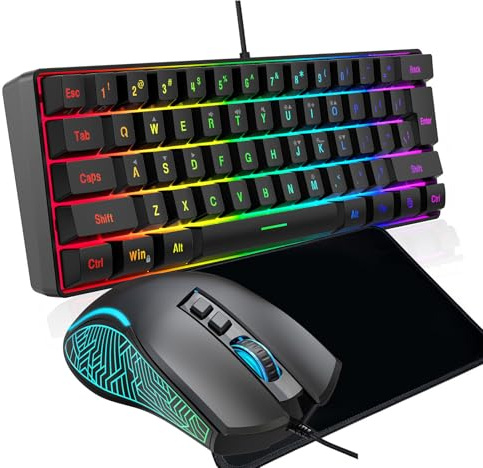 Tangxi Combinazione Tastiera e Mouse da Gioco RGB, Design Ergonomico con Retroilluminazione Personalizzabile e Sensore Ottico Ad Alta Precisione, Interruttori Meccanici per PC, Laptop, (insieme nero)