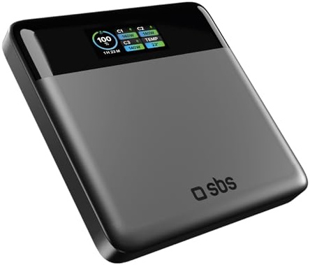 SBS Pulse PowerBank Lite 100W, 20000mAh, Power Delivery (PD 3.0 PPS), AFC, Powerbank mit Schnellladen, LCD-KI-Display, USB-C, USB-A, tragbares Reiseladegerät, Slim Design, Grau