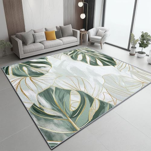 Low Pile Area Rugs 120 x 160 cm, Soft and Non-Slip Living Room Carpet - Luxury Art Deco Monstera Deliciosa Printed Rug Suitable for Bedroom Office White