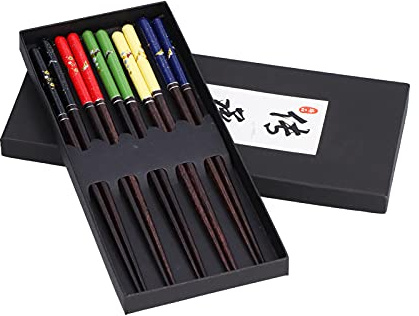 TYCIONG 5 Pares de Palillos, Palillos de Madera Reutilizables con Estampado de Flores, Material Natural Phoebe Zhennan, Diseño de Punta Redonda Antideslizante, con Caja de Regalo, para