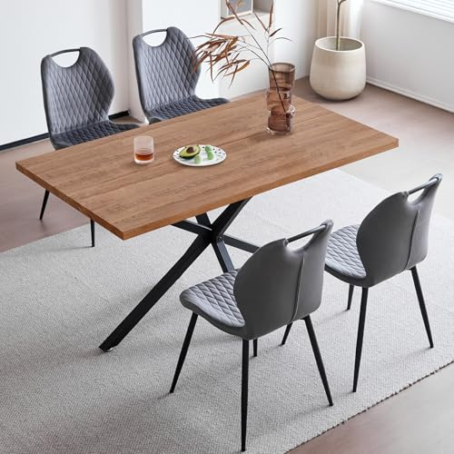 JZGORC Esstisch mit 4 Stühlen Esszimmer-Set,140 * 78 * 77 cm Rechteckiger Esstisch aus Holz,4 Stühle mit hoher Rückenlehne, Schwarze Meta-Beine,Dunkelbraun Tisch+Grau Stühle