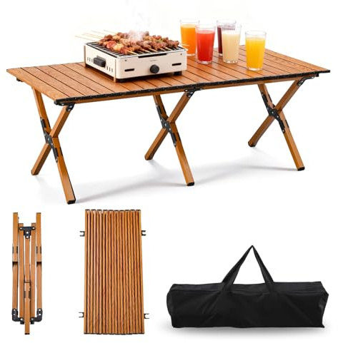TAO ONE Roll-Up Camping Table Portable Low Folding Table for Outdoor -Brown | Aluminum Picnic Metal Foldable Coffee Table for Travel Grill Sitting on The Floor Beach