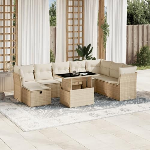 Hoopleep 9-TLG. Garten-Sofagarnitur mit Kissen Beige Poly Rattan, modulares Outdoor Loungeset, Verstellbarer Esstisch, witterungsbeständige Terrassenmöbel für 8 Personen